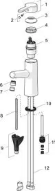 Schematische Darstellung eines Einhebelmischers von HANSA mit Einzelteilen, darunter Hebel, Ventil, Auslauf, und Befestigungselemente zur Montage.